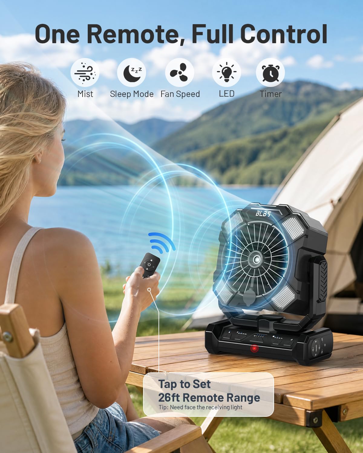 BLBS Ventilador de nebulización portátil de 24000 mAh con control remoto de 8 m, 4 velocidades de viento, capacidad de agua de 300 ml, 3 modos de iluminación, ideal para camping, uso al aire libre e