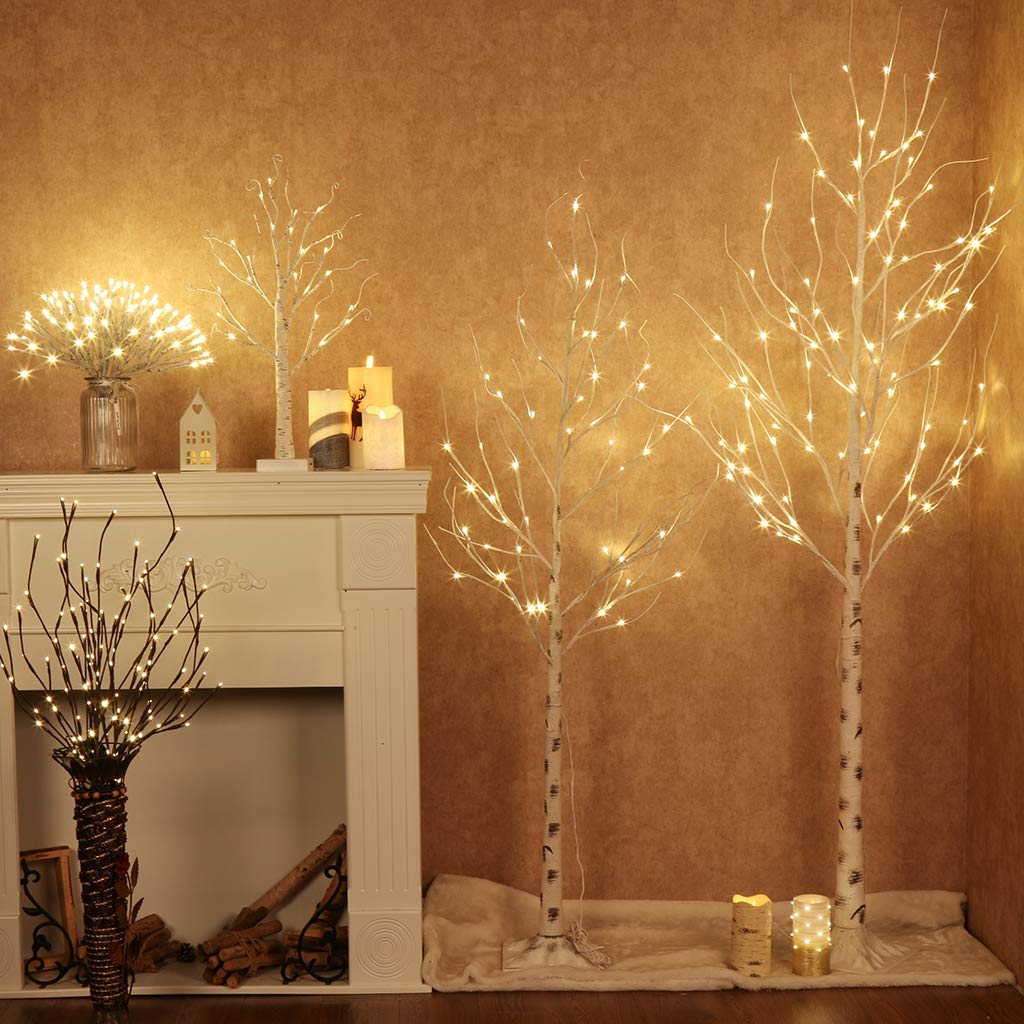 2PK Weiße Weihnachtsbäume Zweig Set mit Timer Lichterbaum mit Dimmfunktion Birke Baum mit warmweißen LEDs netzbetrieben mit Wasserdichter Adapter für Innen und Außen 1,5m+1,8m