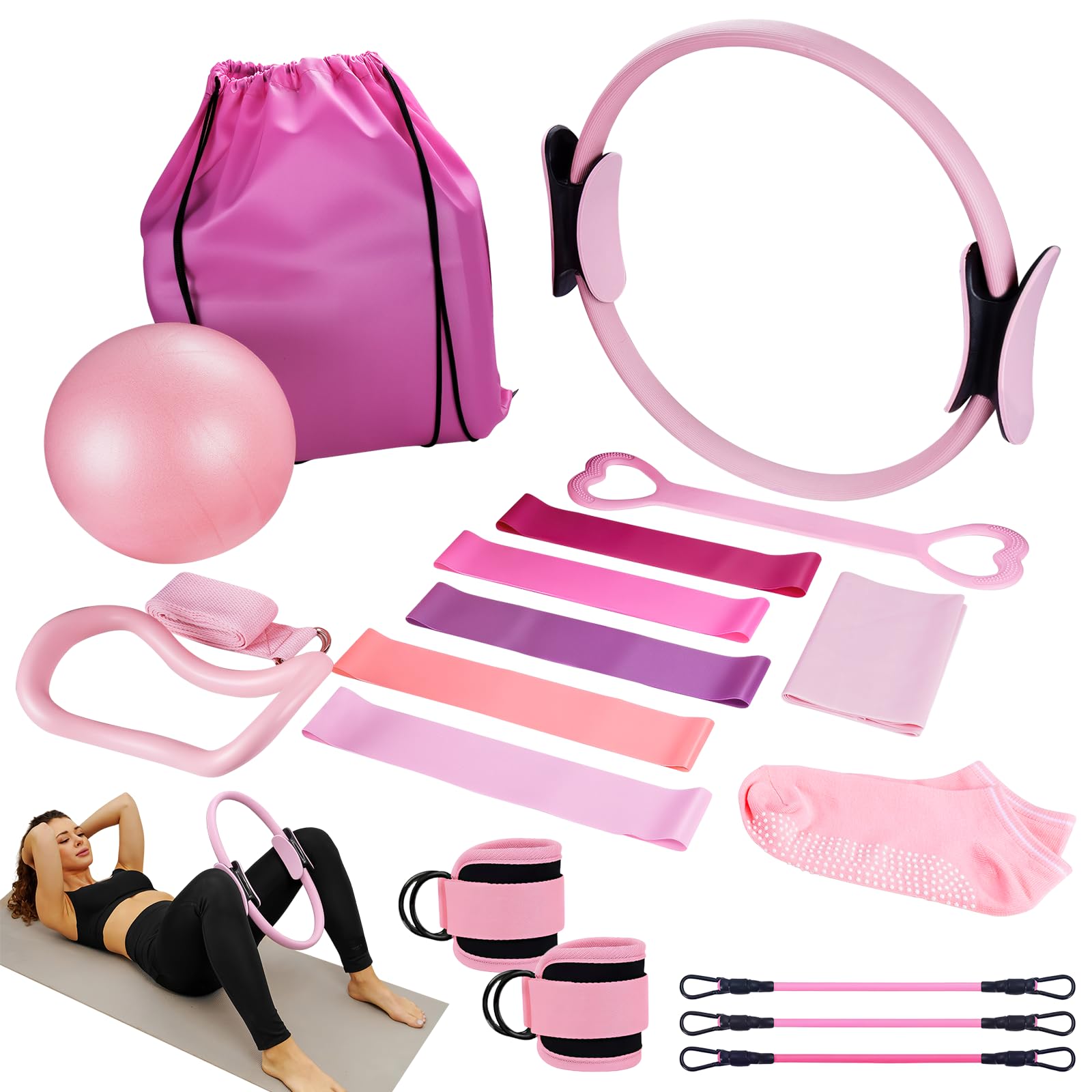 Kit Pilates 18 pièces avec Anneau de Pilates, Bandes de Résistance, Ballon de Yoga