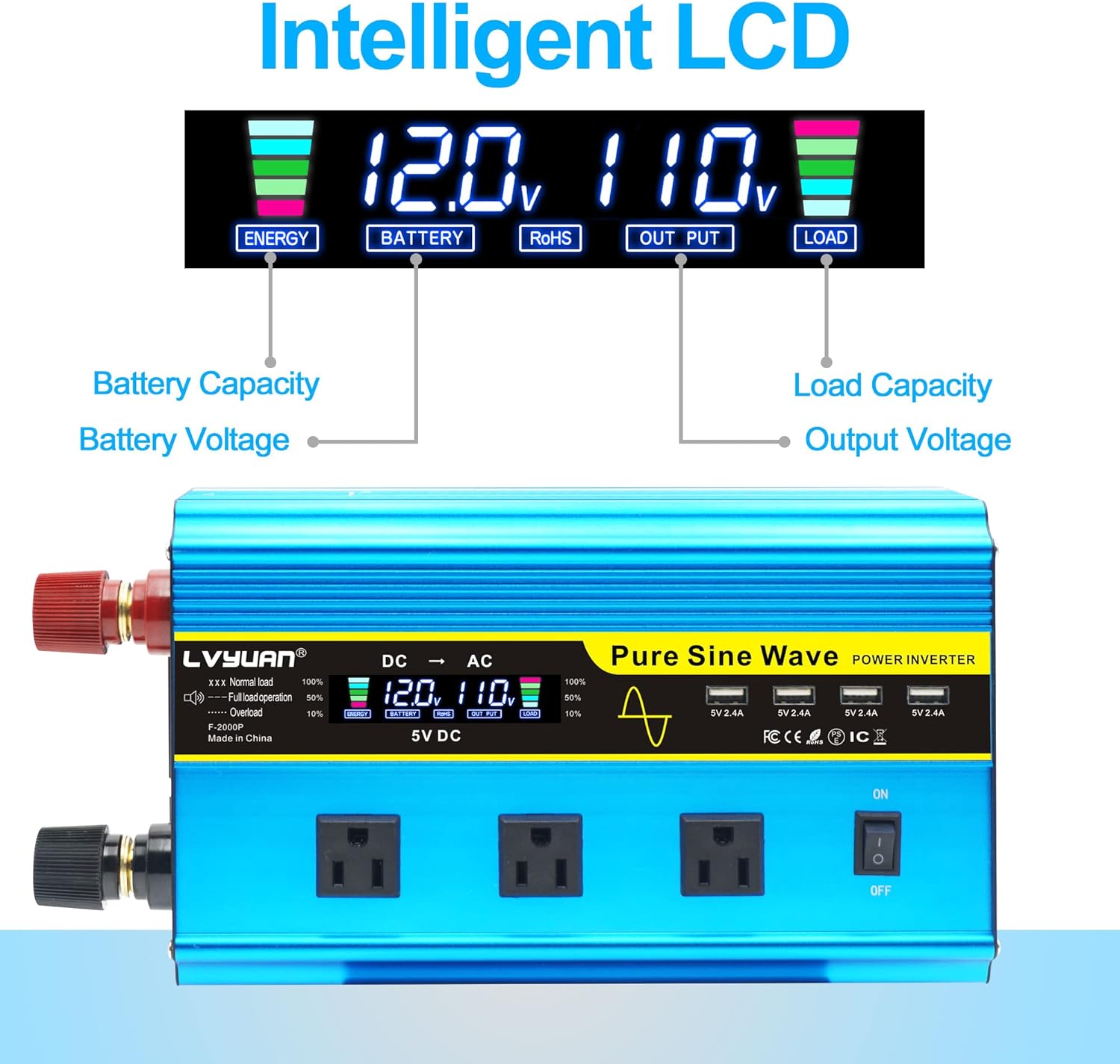 LVYUAN Pure Sine Wave Inverter 1600 Watts Inverter 12V to 110V DC to AC with Remote Controller, LCD Display, 3 AC Sockets and 4 USB Ports : Automotive