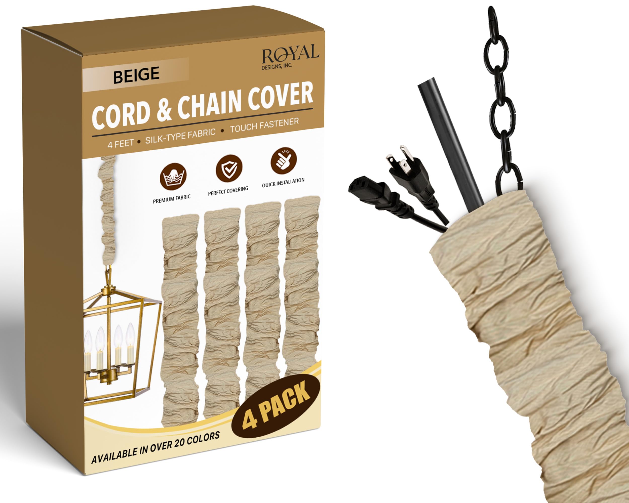 Royal Designs, Inc. Cord &amp; Chain Cover 4 ft Silk Type Fabric, Chandelier Pendant Lighting Chain &amp; Cable Management, Touch Fastener, Beige - 4 Pack