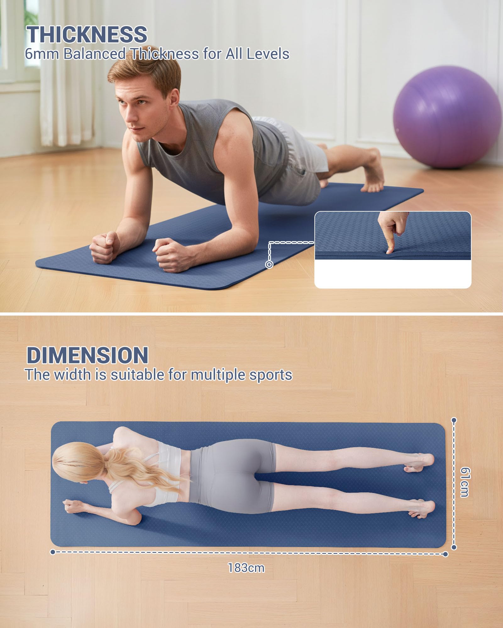 Good Nite Tappetino da ginnastica, yoga, fitness, antiscivolo, per allenamento, sport, turn, pilates, con tracolla, 183 x 61 x 0,6 cm