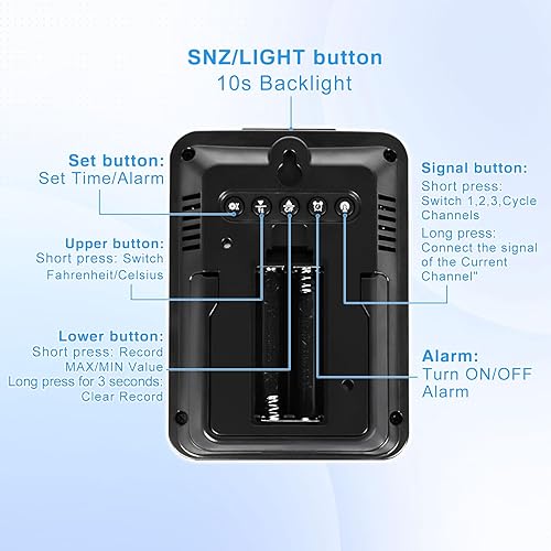 Miniatura 9 de Geevon Termómetro e higrómetro inalámbrico para interiores y exteriores, sensor digital de temperatura y humedad con tiempo, reloj, rango de 200
