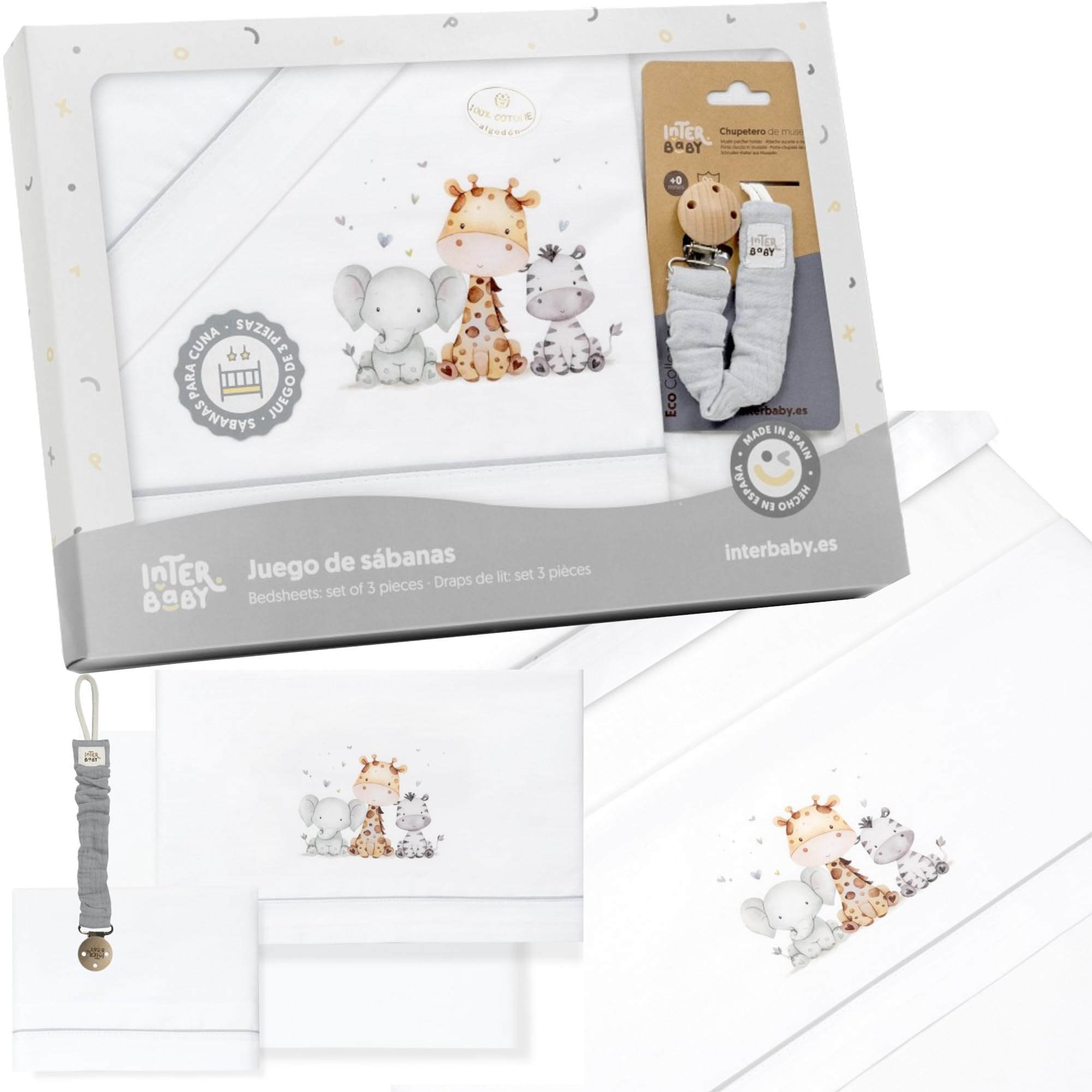 Sabanas 100% Algodón para Cuna 60 x 120 cm, Bebe Primavera y Verano Tipo 100% Algodón Extrasuave Fafricado en España - INTERBABY(Bajera+encimera+Funda Almohada+Broche chupetero) - Elefante Jirafa
