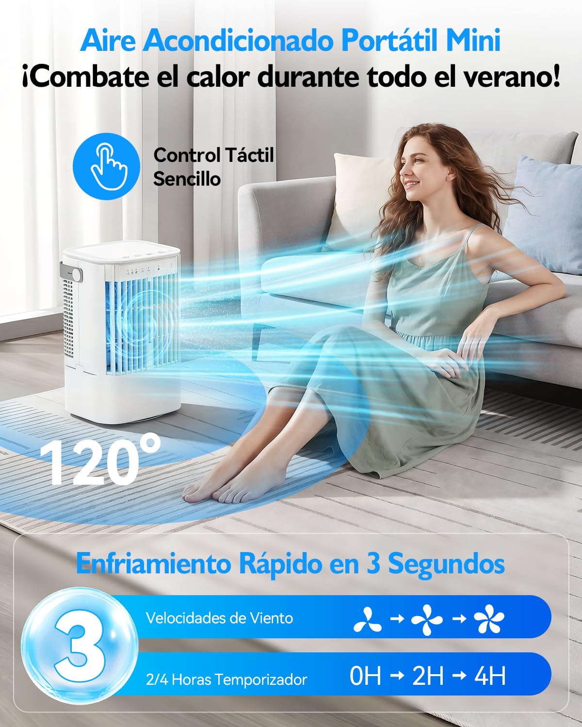Refroidisseur d'air 4 en 1, mini climatiseur portable avec réservoir 900 ml, 3 vitesses, 2 modes de nébulisation, minuterie 2H/4H, oscillation 90°, USB-C, 7 lumières LED, idéal pour chambre/bureau