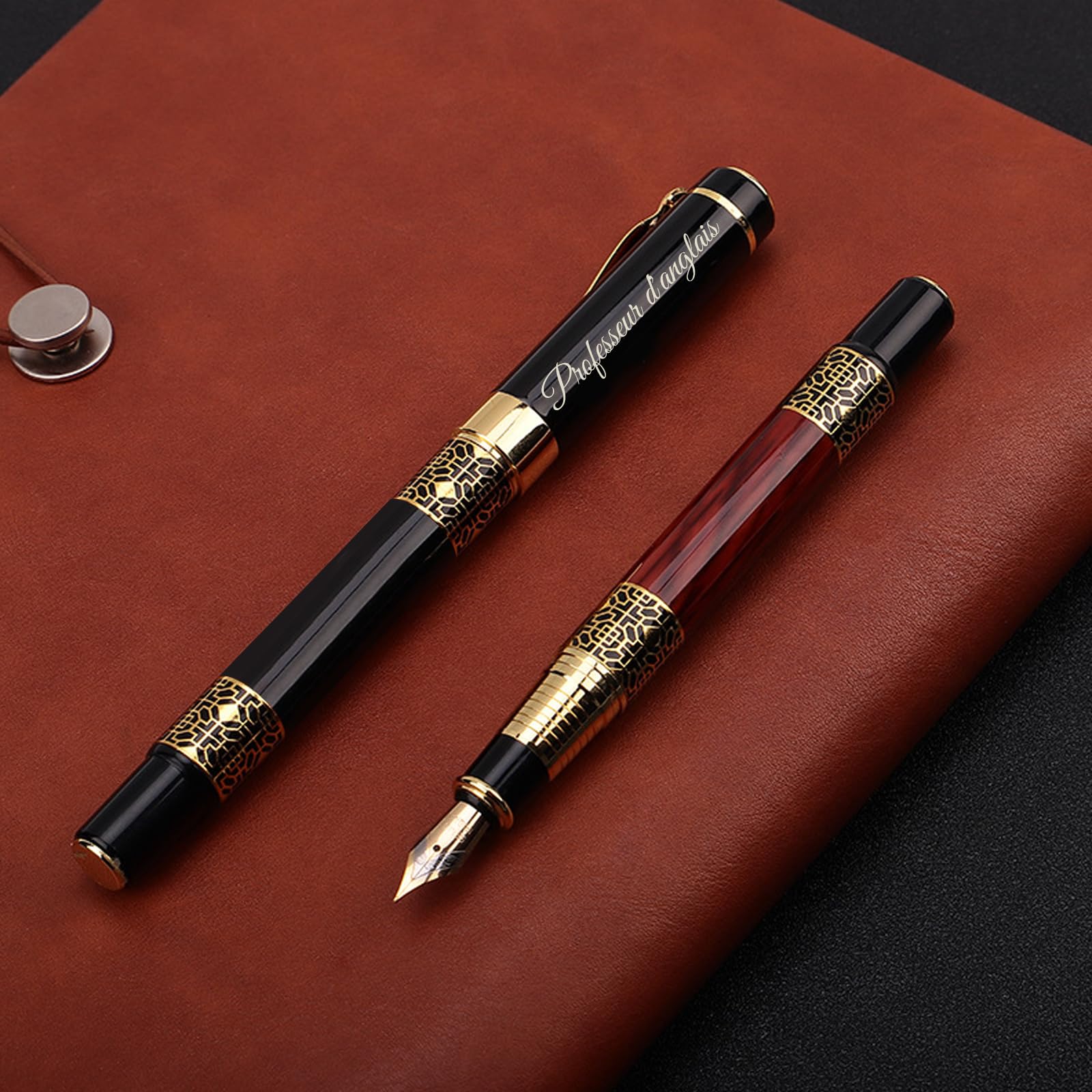 Füllfederhalter mit Holzmaserung, Individuelle Stifte mit Text, Personalisiertes Füllfederhalter-Kugelschreiber-Set mit Geschenkbox für Abschlussfeier, Business, Journaling-Schwarz
