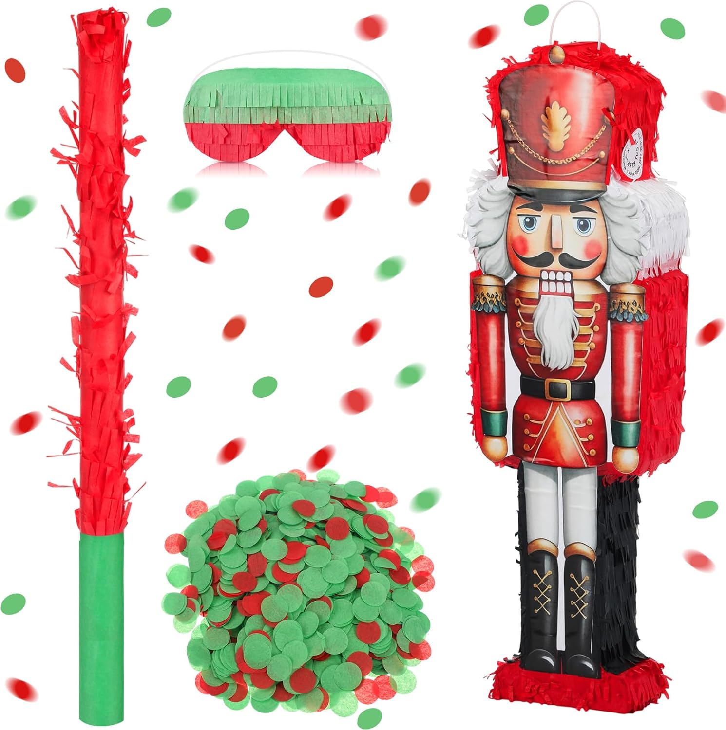Poen 25.59 Inch Christmas Nutcracker Piñata Set Large Nutcracker Piñata with Blindfold, Bat and Confetti for Christmas Xmas Holiday Party Favors Decorations Candy Holder Accessories Party Game (Red)