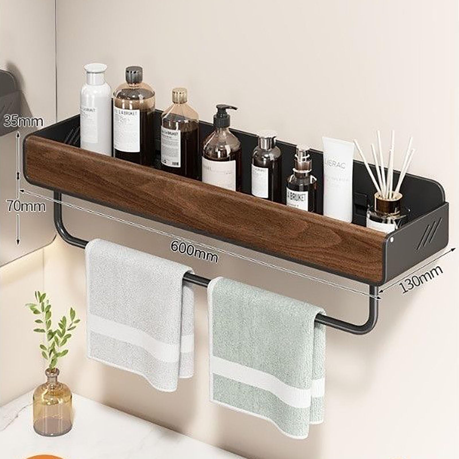 Organizer Da Bagno A Parete Senza Fori, Portasciugamani Doccia In Acciaio Al Carbonio Effetto Legno Per Bagno, Doccia, Cucina(600mm)