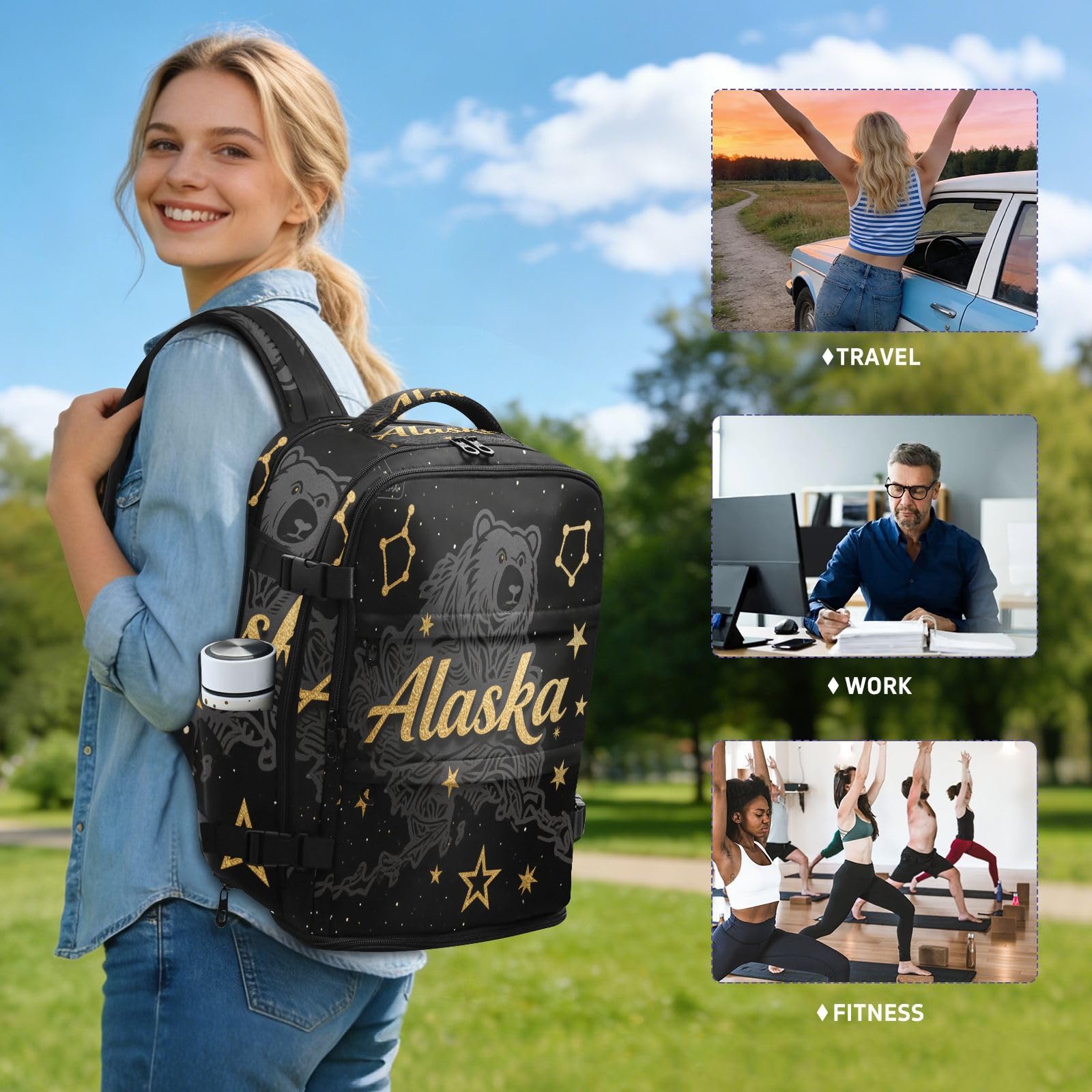 Plecak roboczy dla kobiet 15-calowa torba na laptopa do samolotów 20 l | Lekka torba biurowa Alaska konstelacja złoty wzór przedmiot osobisty torba podróżna dla kobiet praca mochilas para viajes en