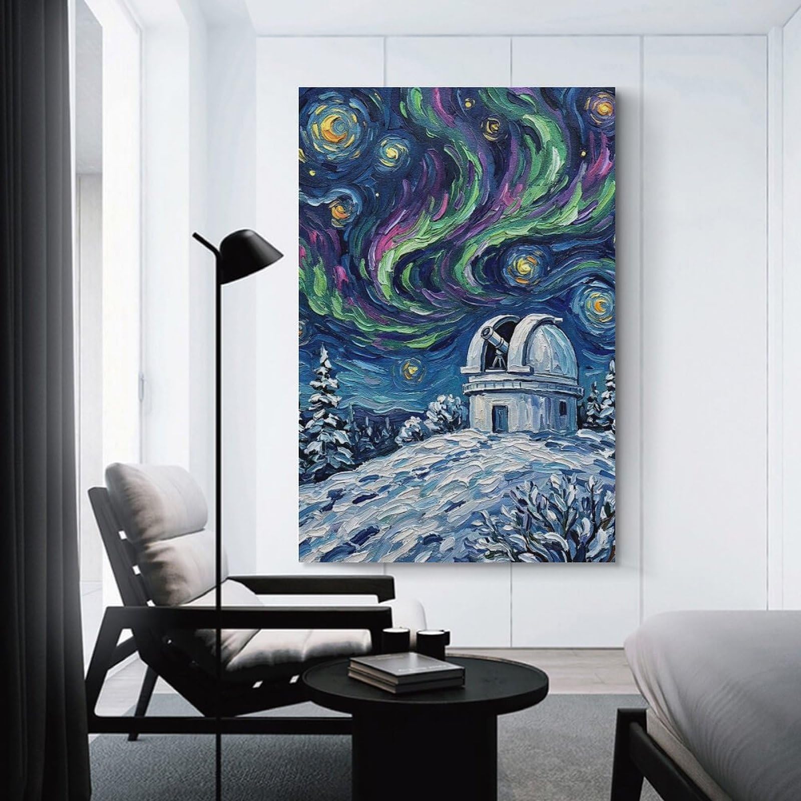 Junmoney Observatory Under The Aurora Borealis Wall Decor Canvas Print, 20x30inch(50x75cm), for Home Lounge, Bedroom Or Reading Nook, Decorative Artwork for Empty Walls