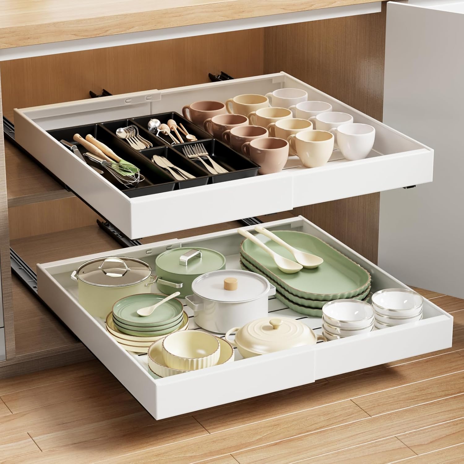 2 Pack Pull Out Cabinet Organizer Expandable, 21" Deep Slide Out Drawer for Cabinets Adhesive Pull Out Drawers Heavy Duty Pull Out Shelves for Kitchen, Cupboard, Pantry, Bathroom(White) 21"D*(12"W~20.5"W) White(2 Pack)