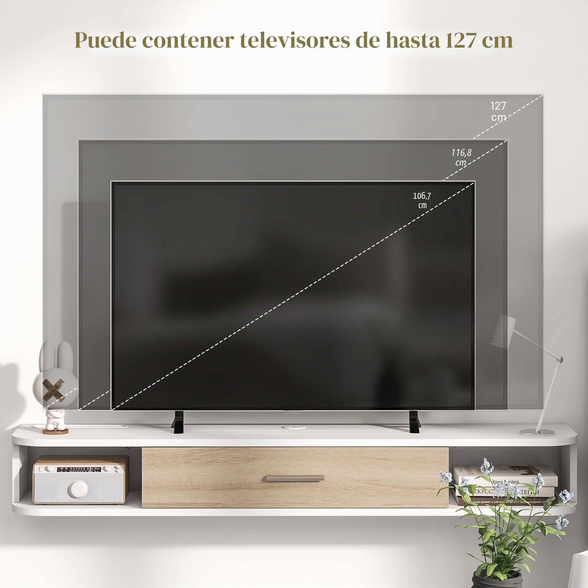 HOMCOM Mueble TV de Pared 120 cm para TVs hasta 50 Pulgadas, Blanco | Soporte TV, 2 estantes abiertos, puerta abatible, gestión de cables, banco TV flotante, salón, dormitorio