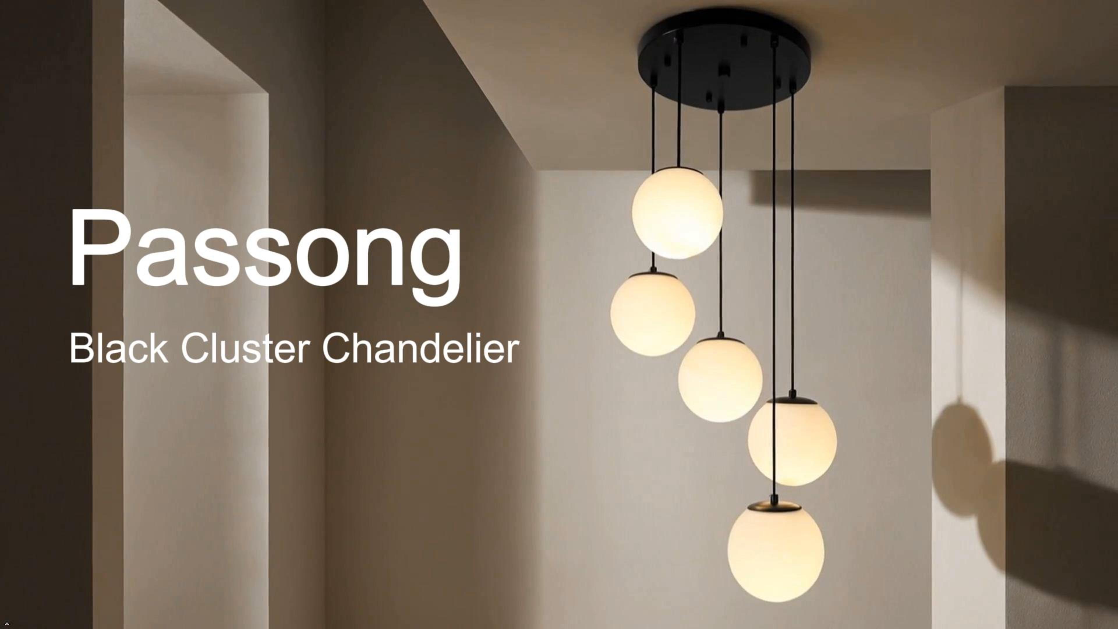 Image of Globe Cluster Chandelier 5-Light, Black Modern Cluster Chandelier with Milk White Glass, Adjustable Globe Staircase Pendant Light for Kitchen Island Dining Room