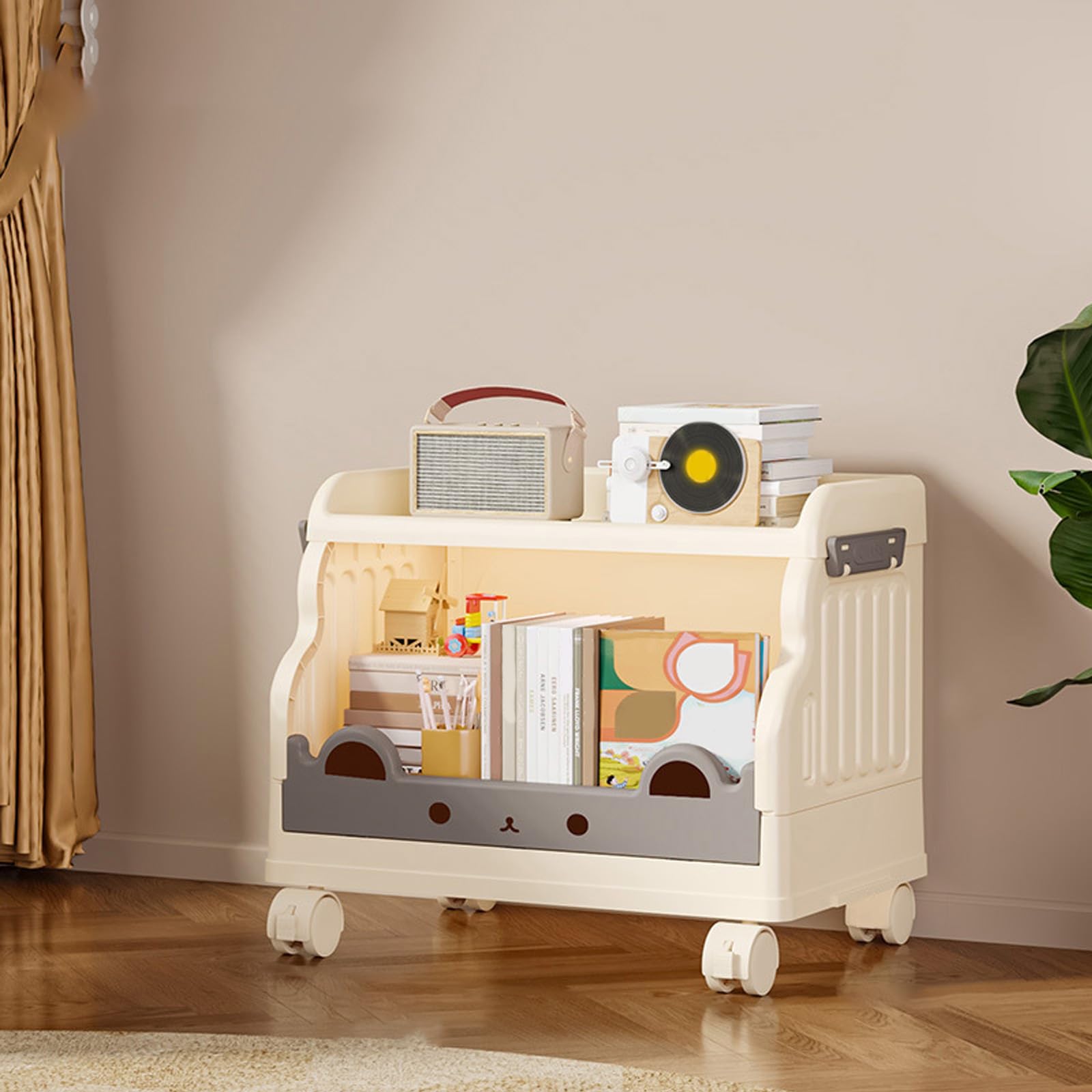 Carrito de almacenamiento con ruedas de plástico, 1 estantería ajustable de 4 niveles con mecanismo de bloqueo para sala de estar, oficina, baño, cocina, ahorro de espacio blanco