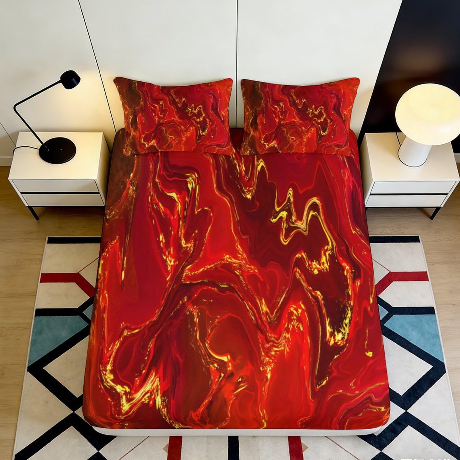 3D Printed Red Marble Fitted Sheet Microfiber Durable Soft Bed Cover with Abstract Lava Pattern Mattress Cover for Bedroom Dormitory Guest Room 120x200x25cm