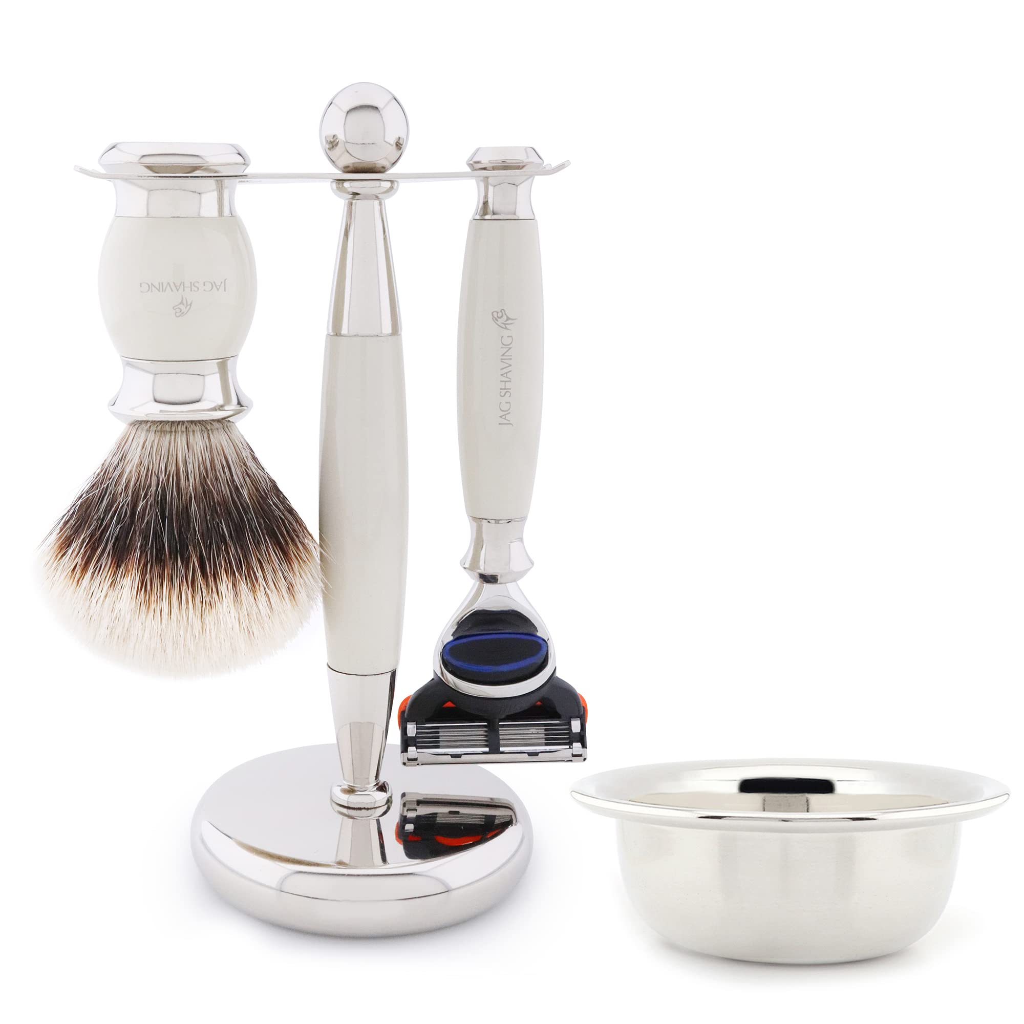 Jag Shaving Zestaw do golenia – 4-częściowy zestaw do golenia – JAG's LEE Range – szczotka do golenia z włosia borsuczego – 5-krawędziowe ostrza do golenia – miseczka do golenia – stojak do golenia – zestaw upominkowy w kolorze kości słoniowej