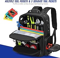Vista 2 de Tool Backpack,Heavy Duty Tool Bags for Men,Tool Storage Organizer Bag With 3 Tool Pouches for Electrician/Industrial/Construction/Tactical/Hvac