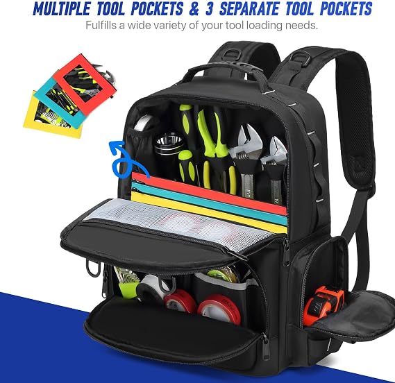 Tool Backpack,Heavy Duty Tool Bags for Men,Tool Storage Organizer Bag With 3 Tool Pouches for Electrician/Industrial/Construction/Tactical/Hvac Techs/Repairman Work
