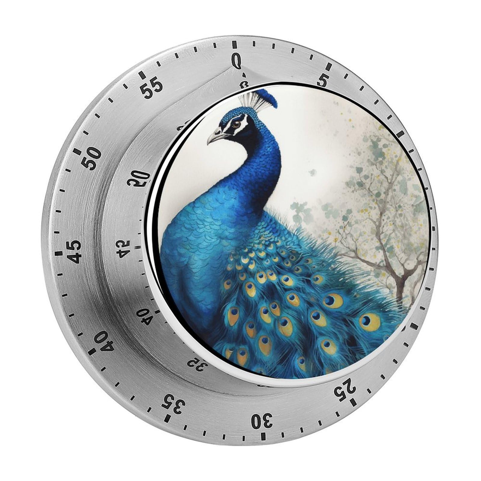 Blue Peacock Timer Exquisite Stainless Steel Body Mechanical Desk Timers 60 Minutes Visual Countdown Timers with Magnetic Backing Loud Alarm Kitchen Timer for Cooking