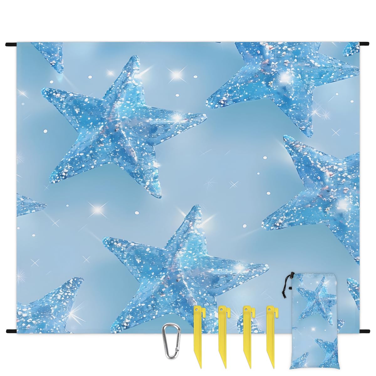 Eabrults Waterproof Sandproof Beach Blanket, 59''×68'' Five Pointed Star Polyester Outdoor Picnic Blanket with 4 Stakes & Storage Bag for Beach,Camping,Vacation Ice Blue