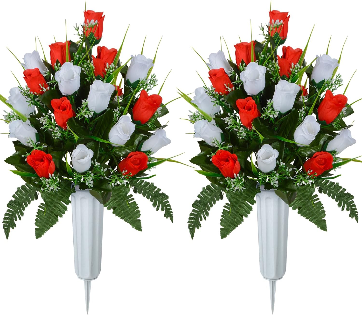 XONOR Artificial Cemetery Flowers, Grave Decorations Roses, Memorial Flowers Bouquet with Cemetery Vase, 2 Sets (White & Red)