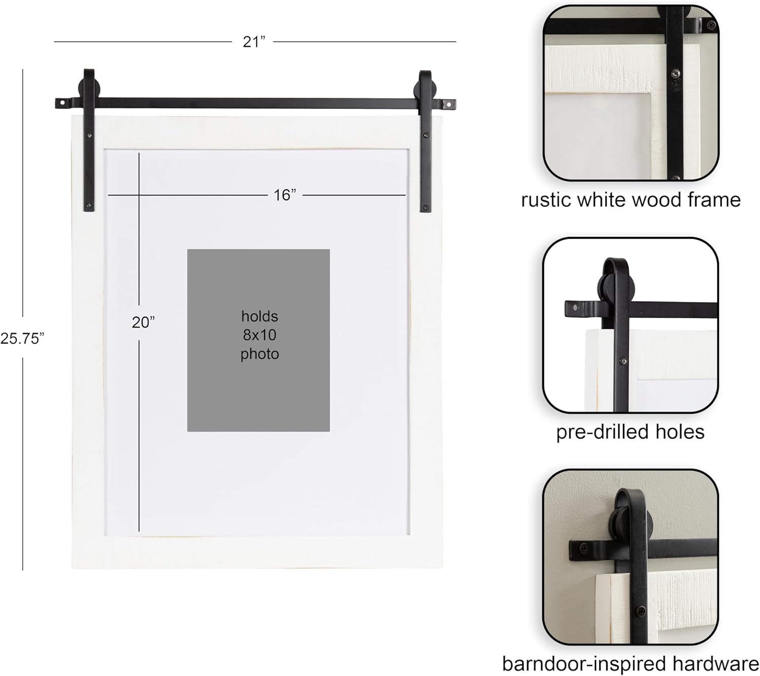 Kate and Laurel Cates Farmhouse Wooden Picture Frame, 21x26 Matted to (1) 8x10, Coastal White, Rectangle Photograph Frame Fitting One 8x10 Image with Barn Door-Inspired Design