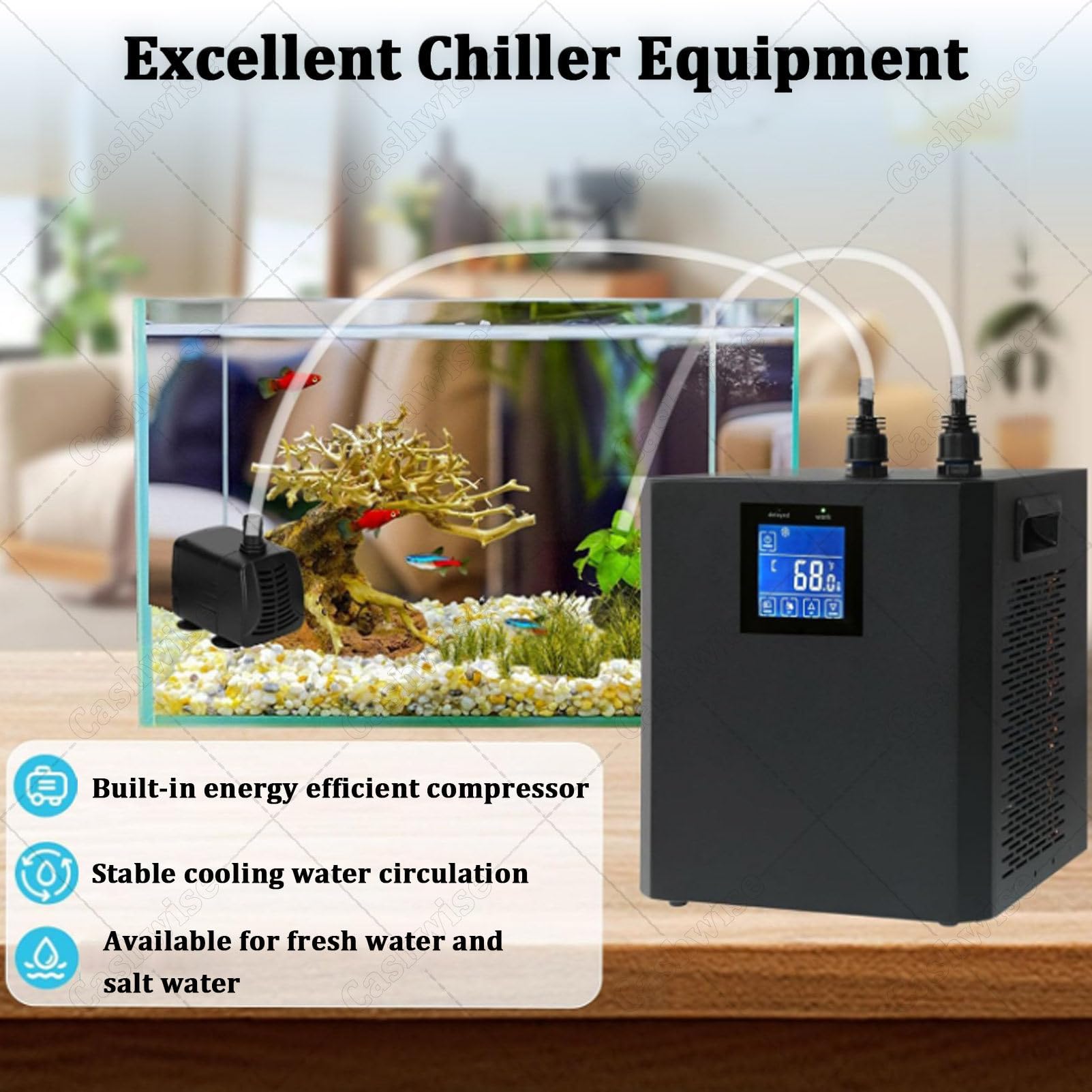 Enfriador de acuario de 1/3 HP (para hasta 79 galones), sistemas de refrigeración para acuarios e hidroponía (apto para ajolotes, arrecifes de coral y camarones); incluye bomba de agua, pantalla LED