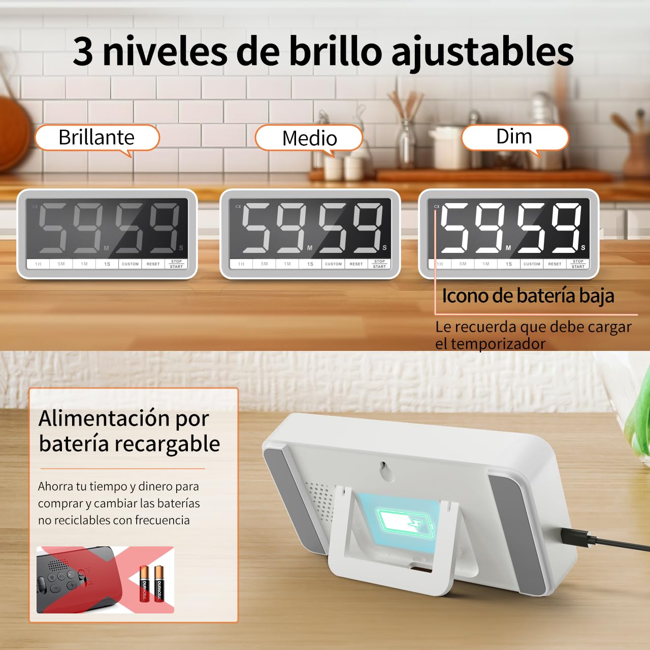 VOCOO Temporizador de Cocina Digital: Temporizador de Cuenta Regresiva magnética Extra Grande con 3 Brillo, 4 alarmas y 3 Niveles de Volumen, Temporizador de batería LED para cocinar (Blanco)