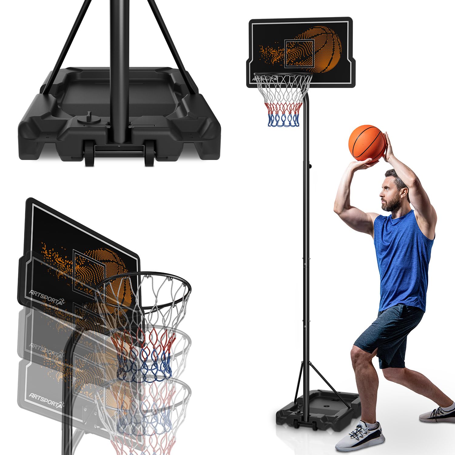ArtSport Panier de Basket d'extérieur avec Pied et roulettes – Hauteur réglable de 255 à 305 cm Panier Adulte Enfant Support de Basket Noir