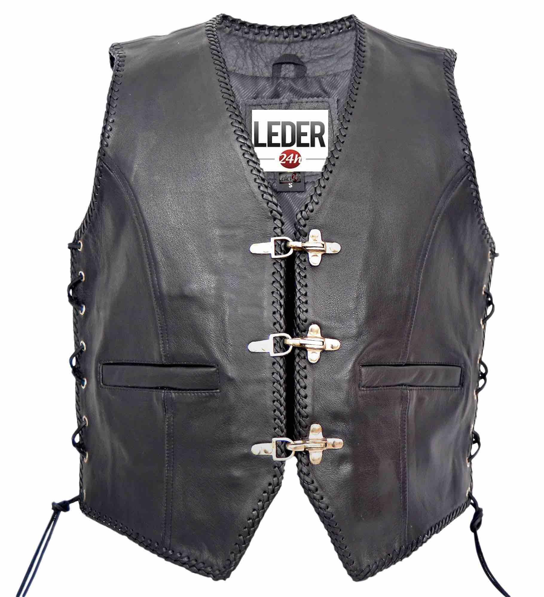 LEDER24H Schwarze Leder Motorradweste mit Kordel 1050-SP