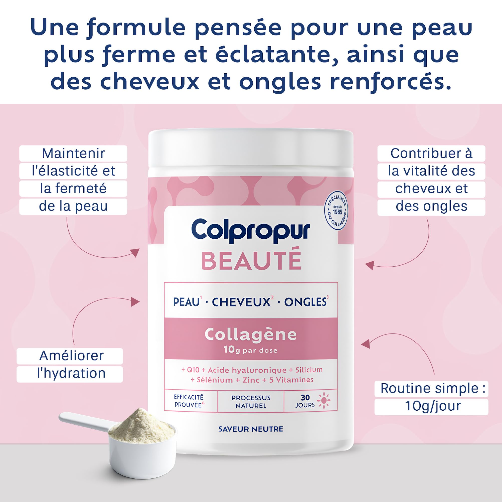 COLLAGENE Poudre - Peau Cheveux Ongles - Acide Hyaluronique + Vitamine C | Saveur Pêche,10 g/jour, peptides hydrolysés, coenzyme Q10, zinc, sélénium, 30 doses, sans sucre ni OGM, Colpropur Beauté