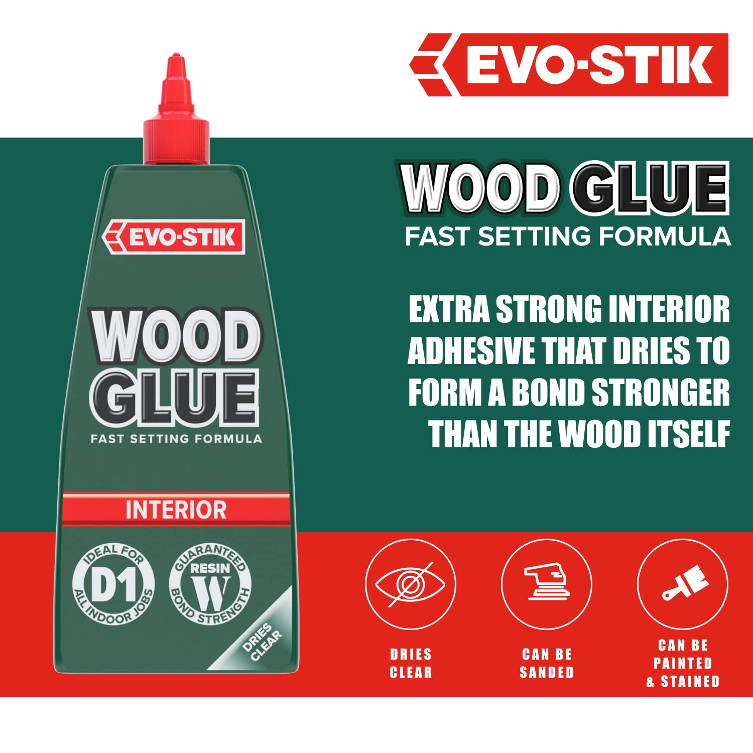 EVO-STIK Wood Glue - Interior, Extra Strong, Fast Setting, Suitable for All Wood Types, Dries Clear, 1 Litre