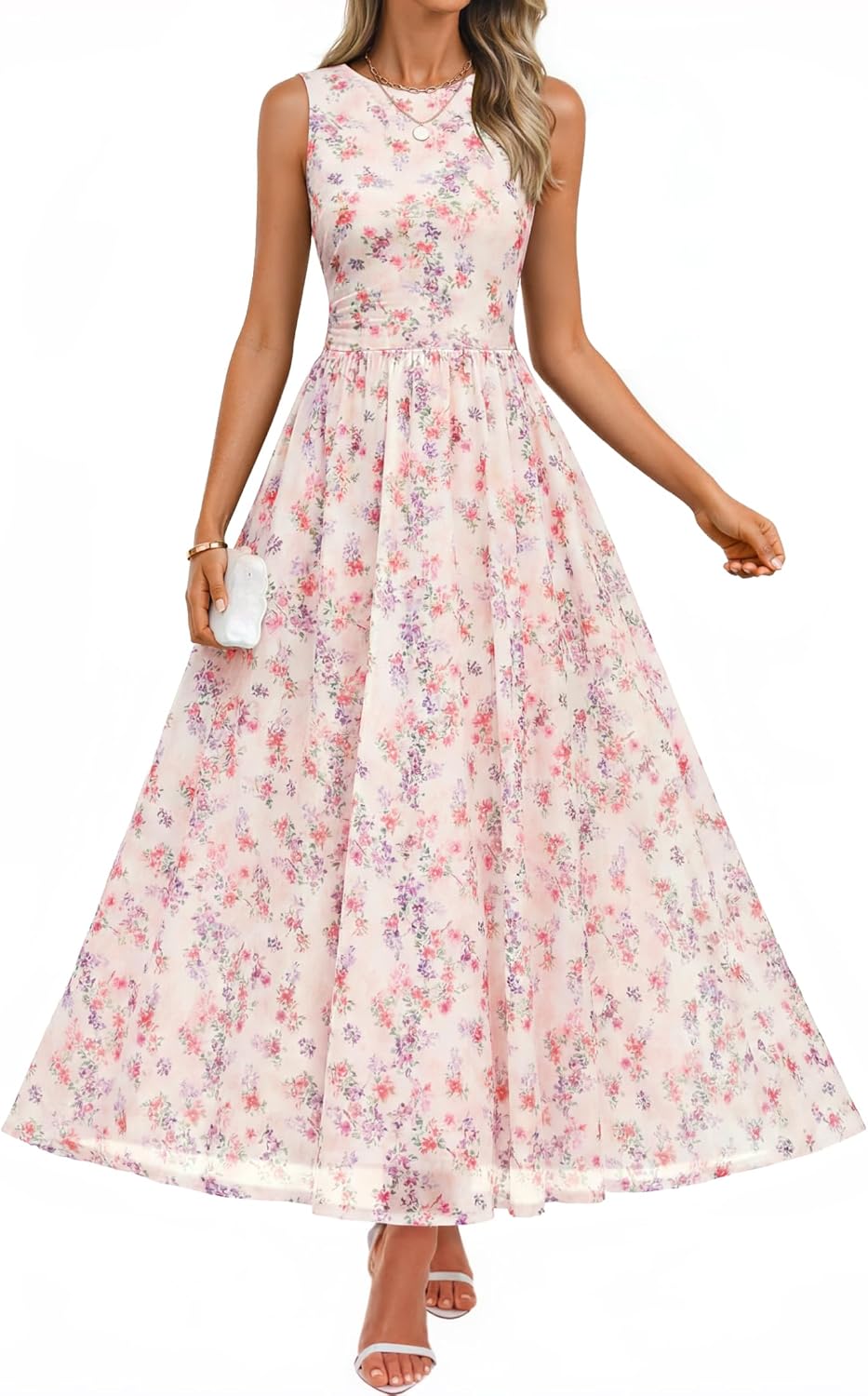 ZESICA Women's Summer Sleeveless Floral Maxi Dress 2026 Casual Crewneck Mesh A Line Flowy Boho Beach Party Long Dresses