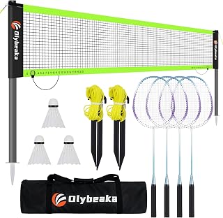 Olybeaka 20ft Portable Badminton Net Set - Outdoor Backyard Beach Kit with Anti-Sag PE Net, Steel Poles, 4 Rackets, Shuttlecocks & Carry Bag