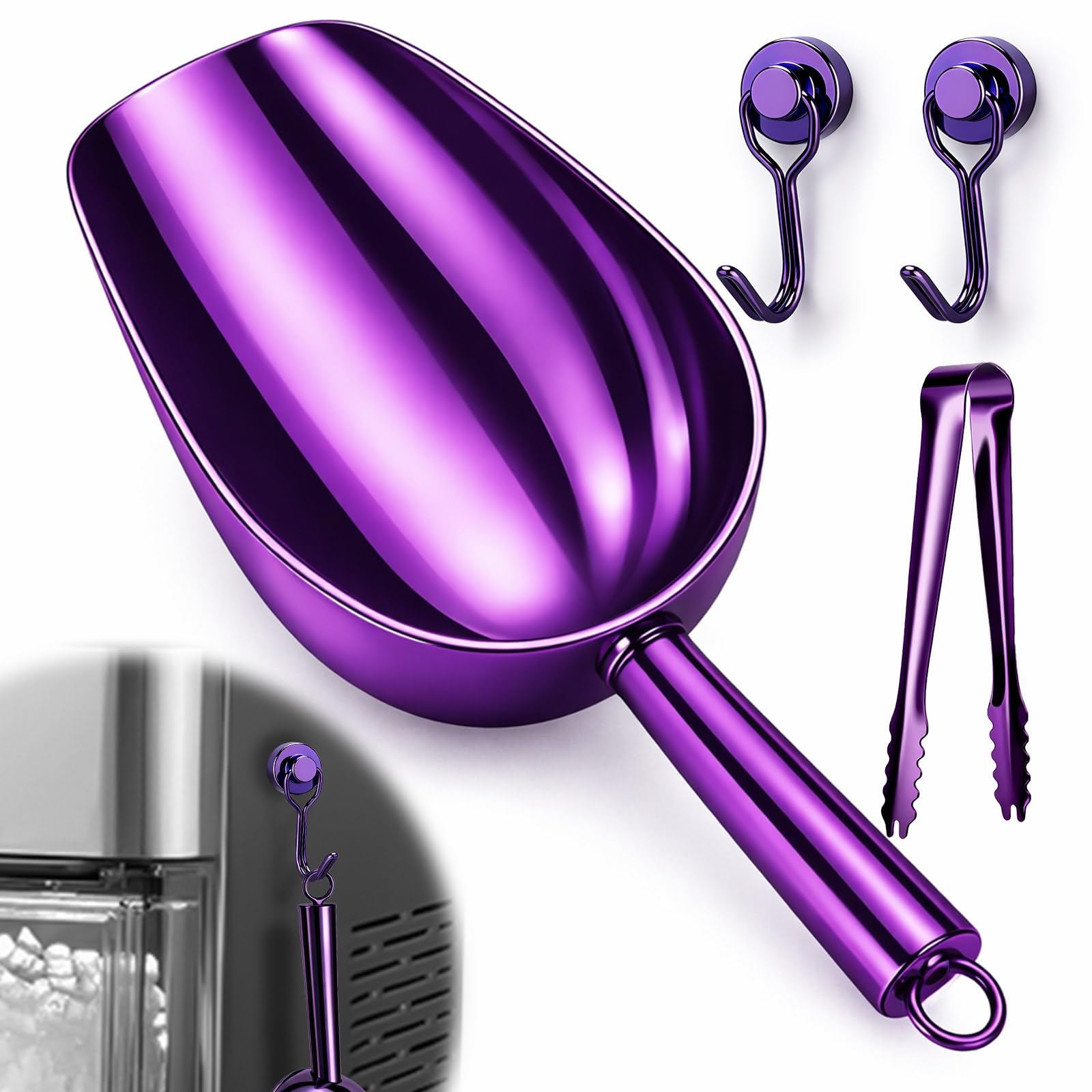 Juome 6oz Stainless Steel Ice Scoop for Freezer with Magnetic Holder Purple