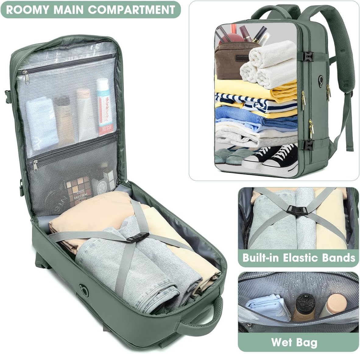 Large Carry On Travel Backpack - Flight Approved Waterproof Luggage Suitcase Backpacks Personal Item Size for Women Men Fit 17 Inch Laptop College Overnight Bag Anti-Theft Weekender Daypack Dark Green - Image 3