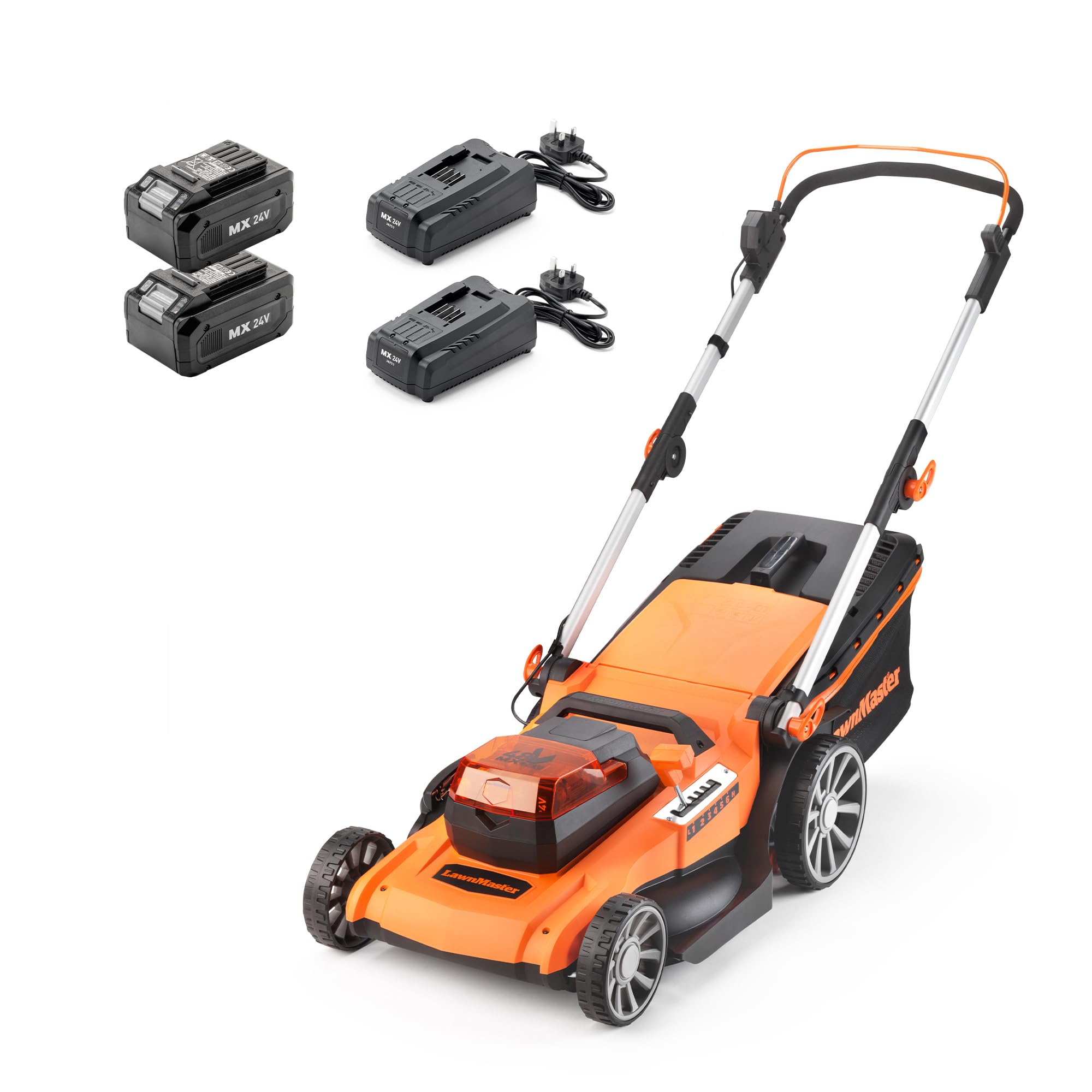 LawnMaster Tosaerba a batteria da 48 V, 46 cm, set di 2 batterie MX 24 V 4,0 Ah, 2 caricatori rapidi, rullo posteriore, espulsione laterale dell'erba e funzione pacciamatura, tosaerba a batteria per