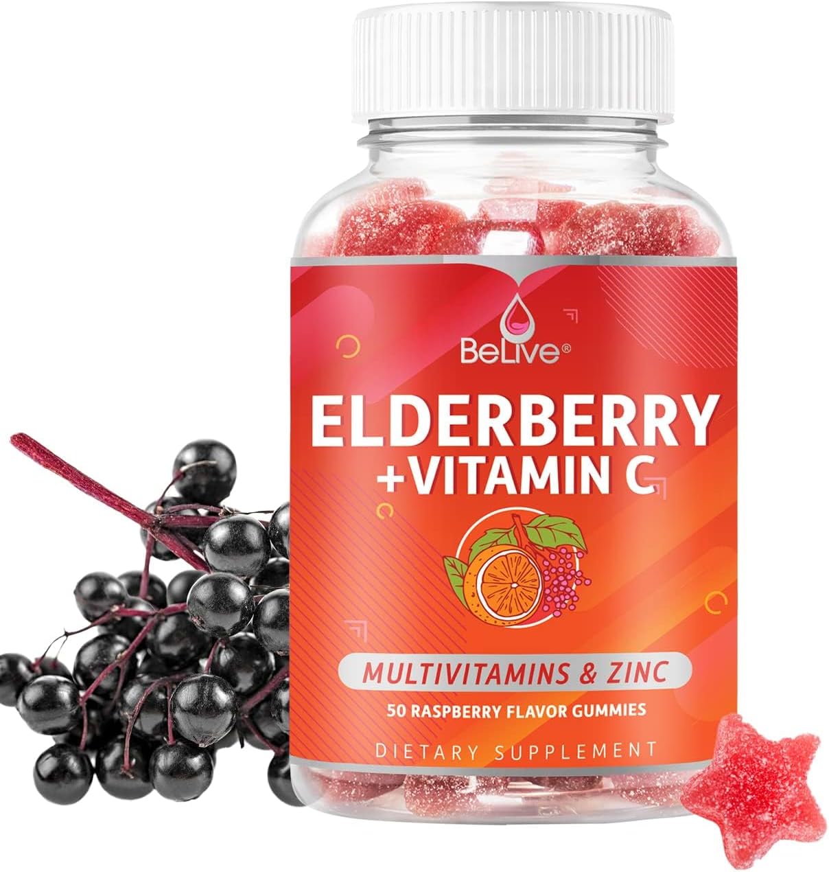 BeLive Elderberry Gummies with Zinc and Vitamin C, D, A, E, B12-50 Ct I Immune Support Supplement for Healthy Bones & Teeth, Vegan, Keto & Non-GMO - Raspberry Flavor - Amazon product rated Grade A