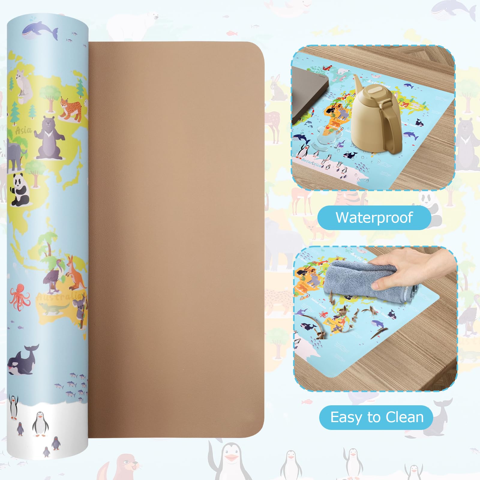 Sous-mains cuir PU Grand Tapis de souris Carte animée continents océans 60 x 40 cm