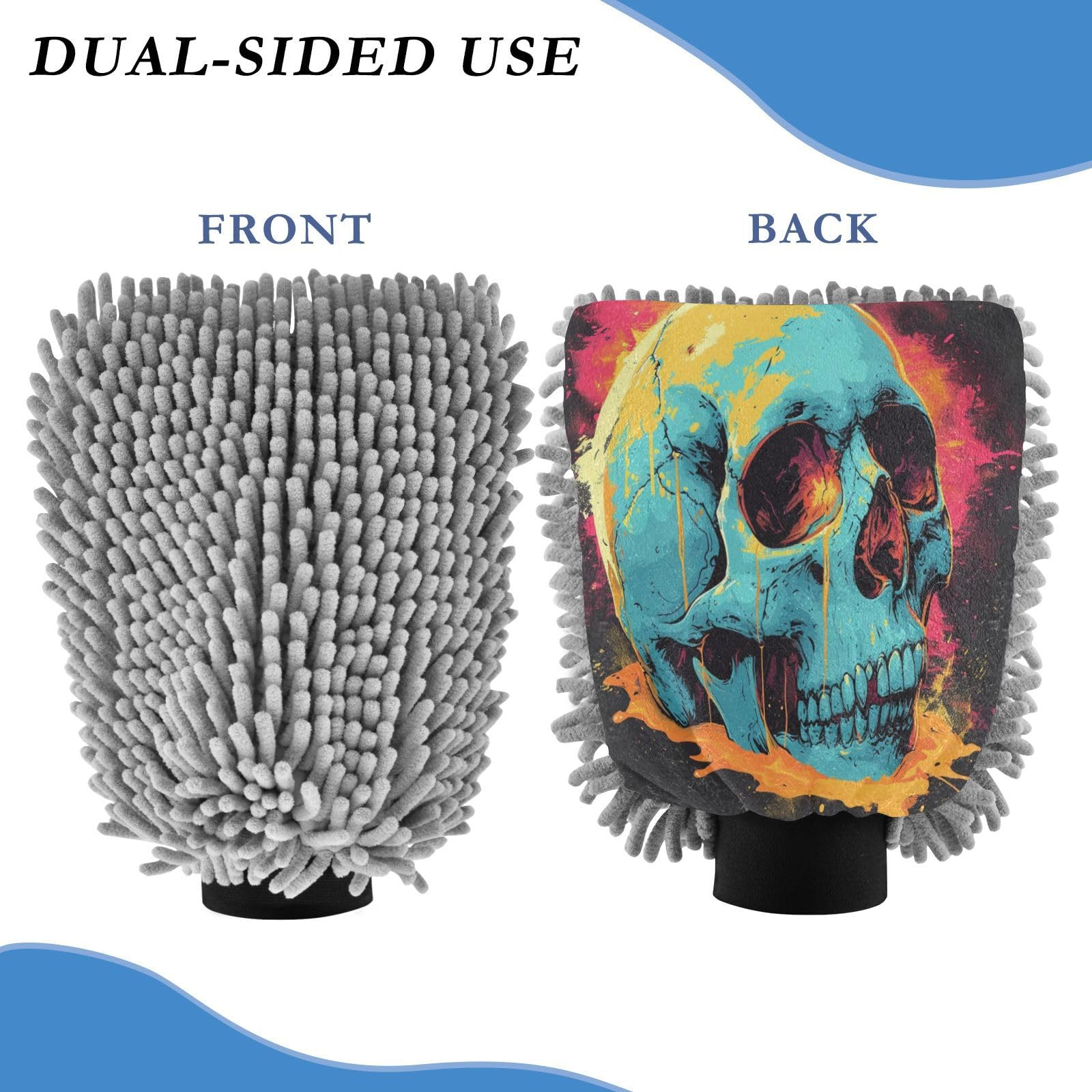 ALAZA Skull Head Art Car Wash Mitt Scratch Free, 2 Pack Absorbent Microfiber/Chenille Washing & Drying Mitts, L