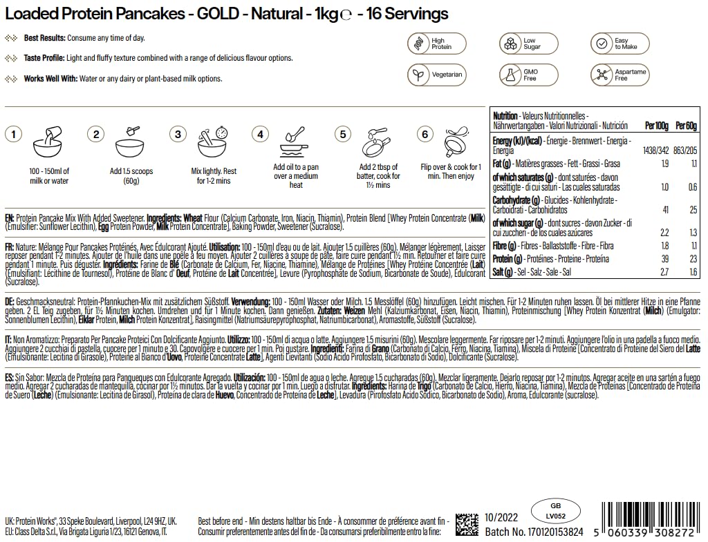 THE PROTEIN WORKS Preparato Per Pancake, Colazione Ad Alto Contenuto Proteico, Snack A Basso Contenuto Di Zucchero, Facile e Veloce da Realizzare, Naturale, 16-8 Porzioni - 1 kg