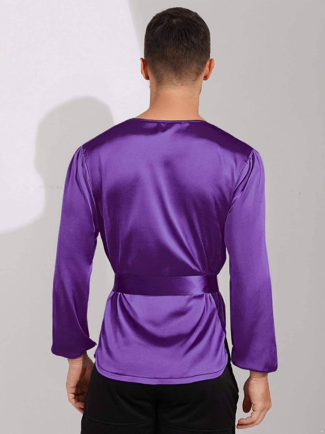 Freebily Men's Liturgical Praise Dance Tops Satiny Shirt Tops with Belt Church Worship Dance Costume