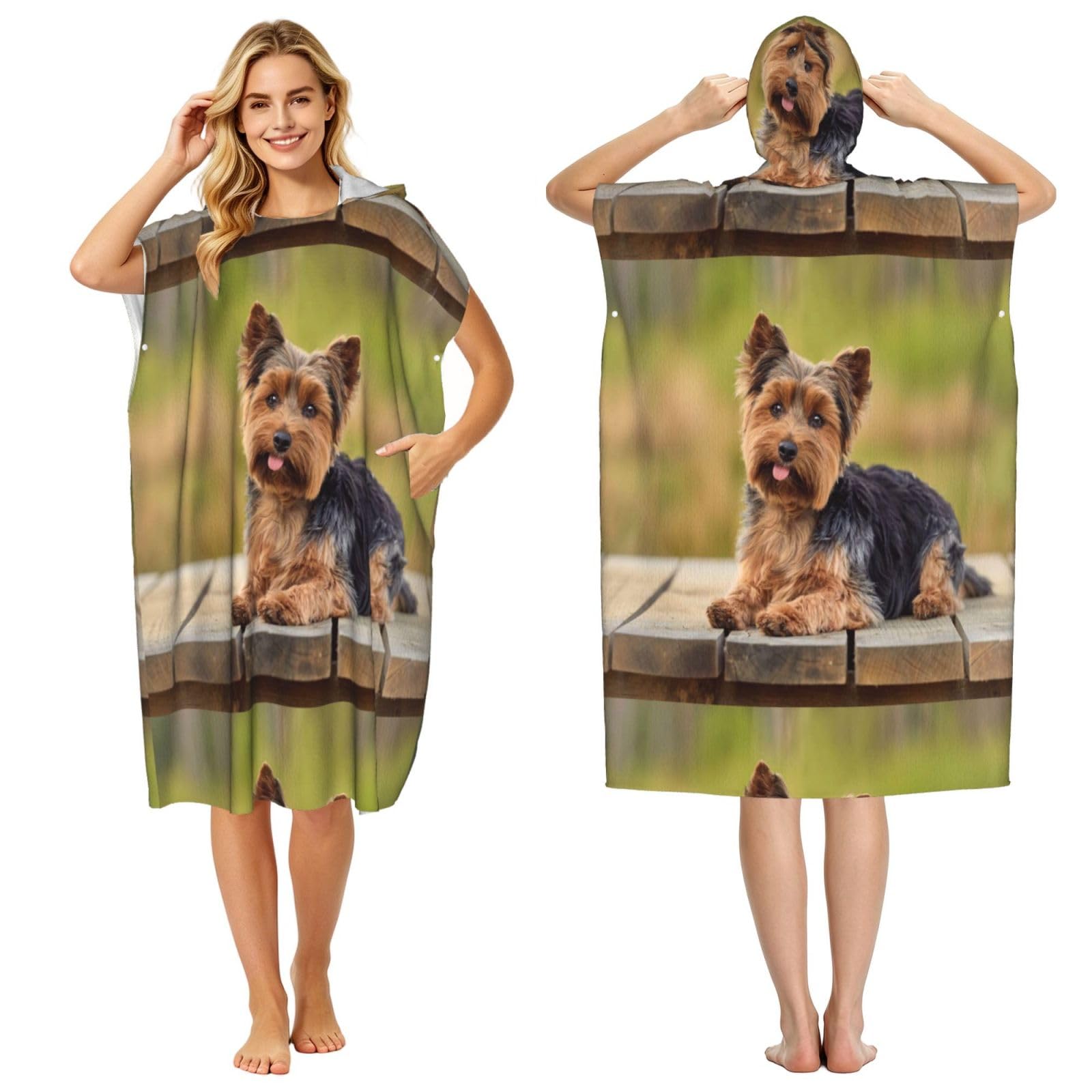 Poadnly Yorkshire Terrier, Adult Hooded Beach Towel 90 x 110 cm,Changing Bath Robe, Surf Poncho Towel For Women Men