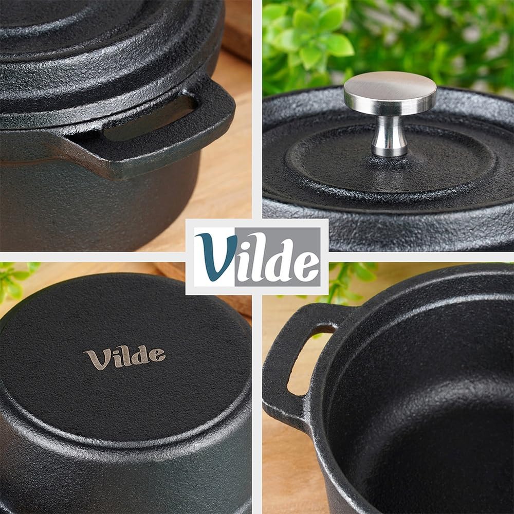 Vilde Lot de 2 mini cocottes en fonte avec couvercle de 10 cm – Mini casserole en fonte de 250 ml – Marmite de service et mini cocotte pour four, cuisinière et barbecue – Petit plat à gratin pour