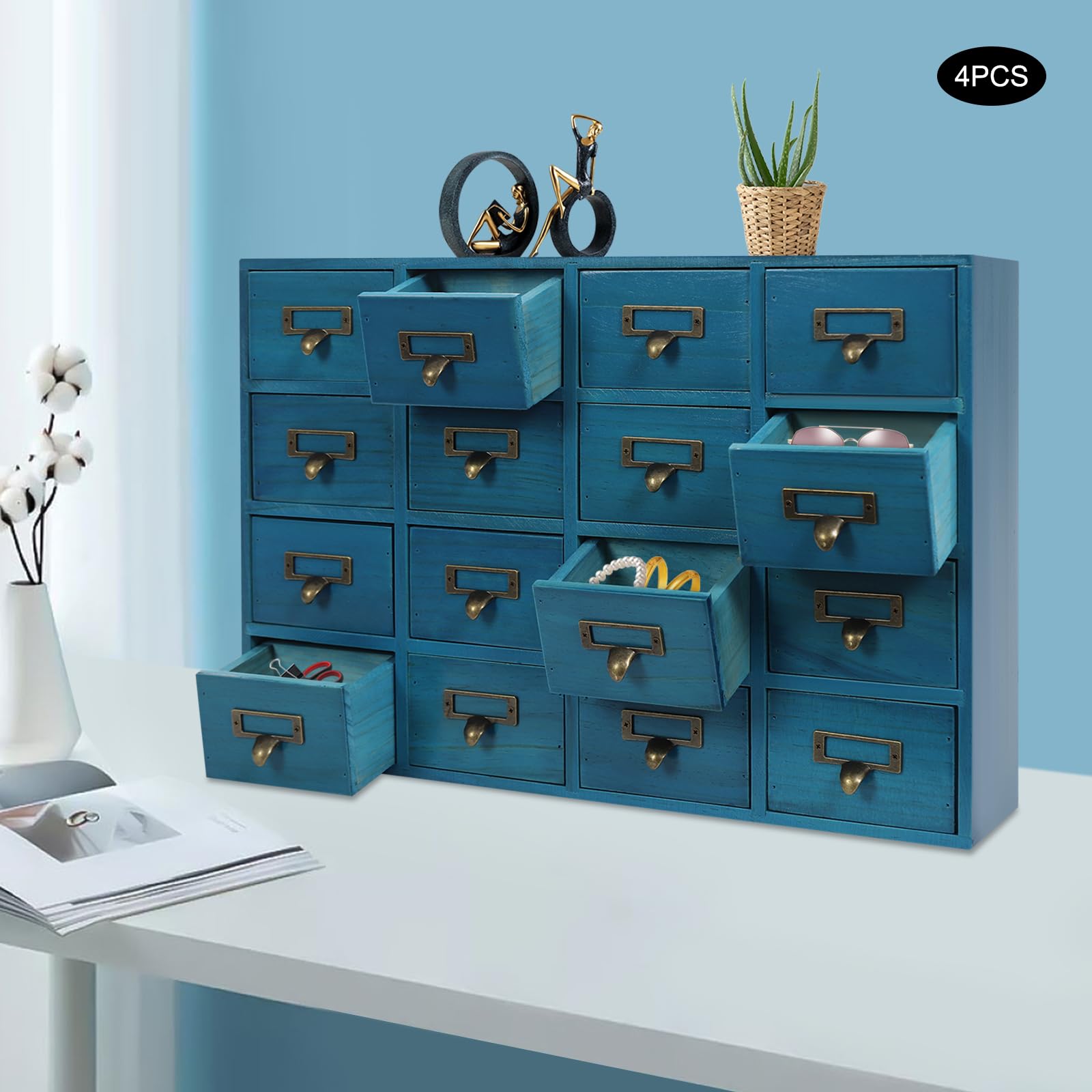 Organizador de Literatura Vintage de Madera con 16 cajones para Guardar Cartas, Papeles y revistas (64 cajones/Azul)