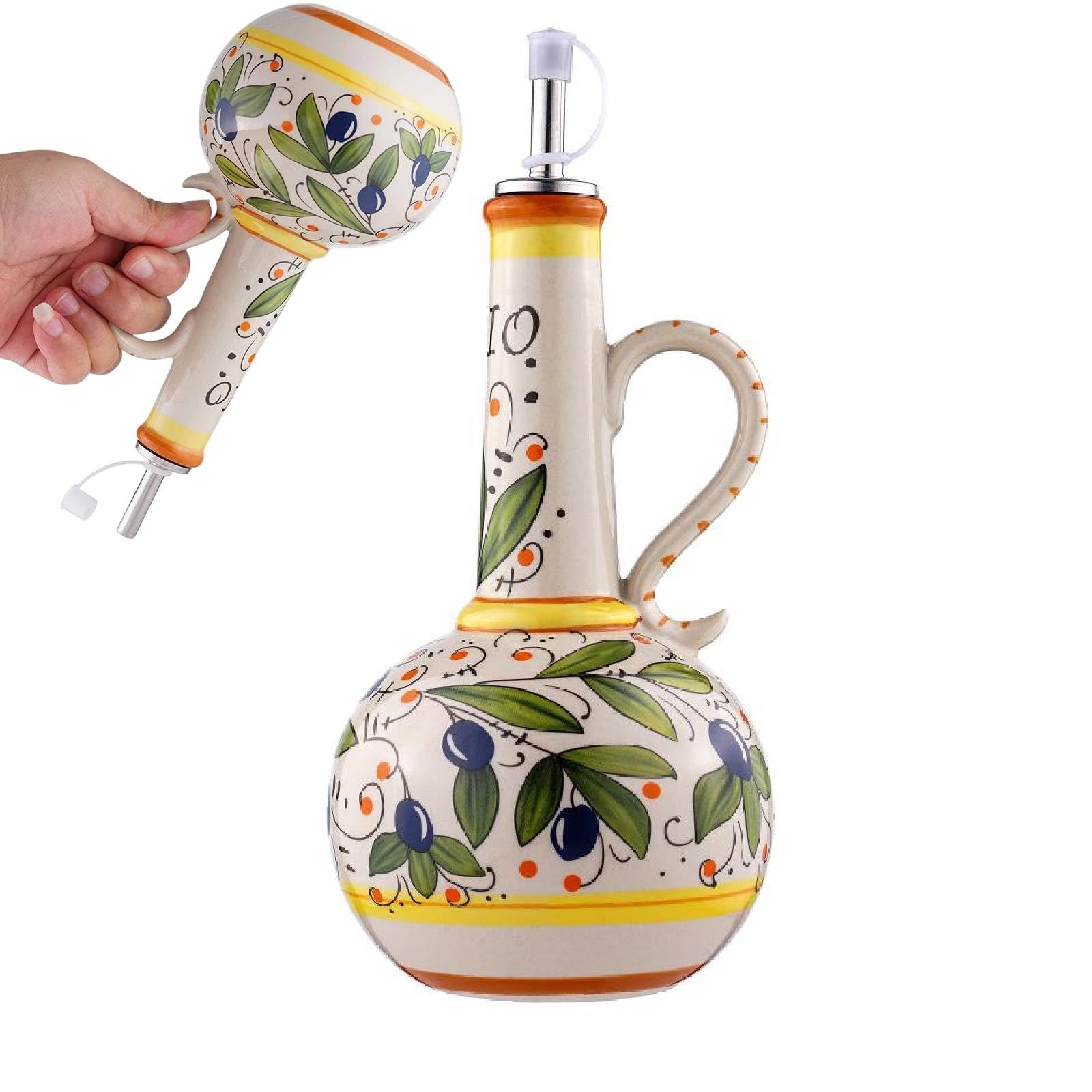 Włoski ceramiczny dozownik oliwy z oliwek, butelka 680 ml, ręcznie malowany, dekoracyjny dozownik z kamionki z wylewką do oleju, octu, syropu kawowego, łatwe czyszczenie, 1 szt