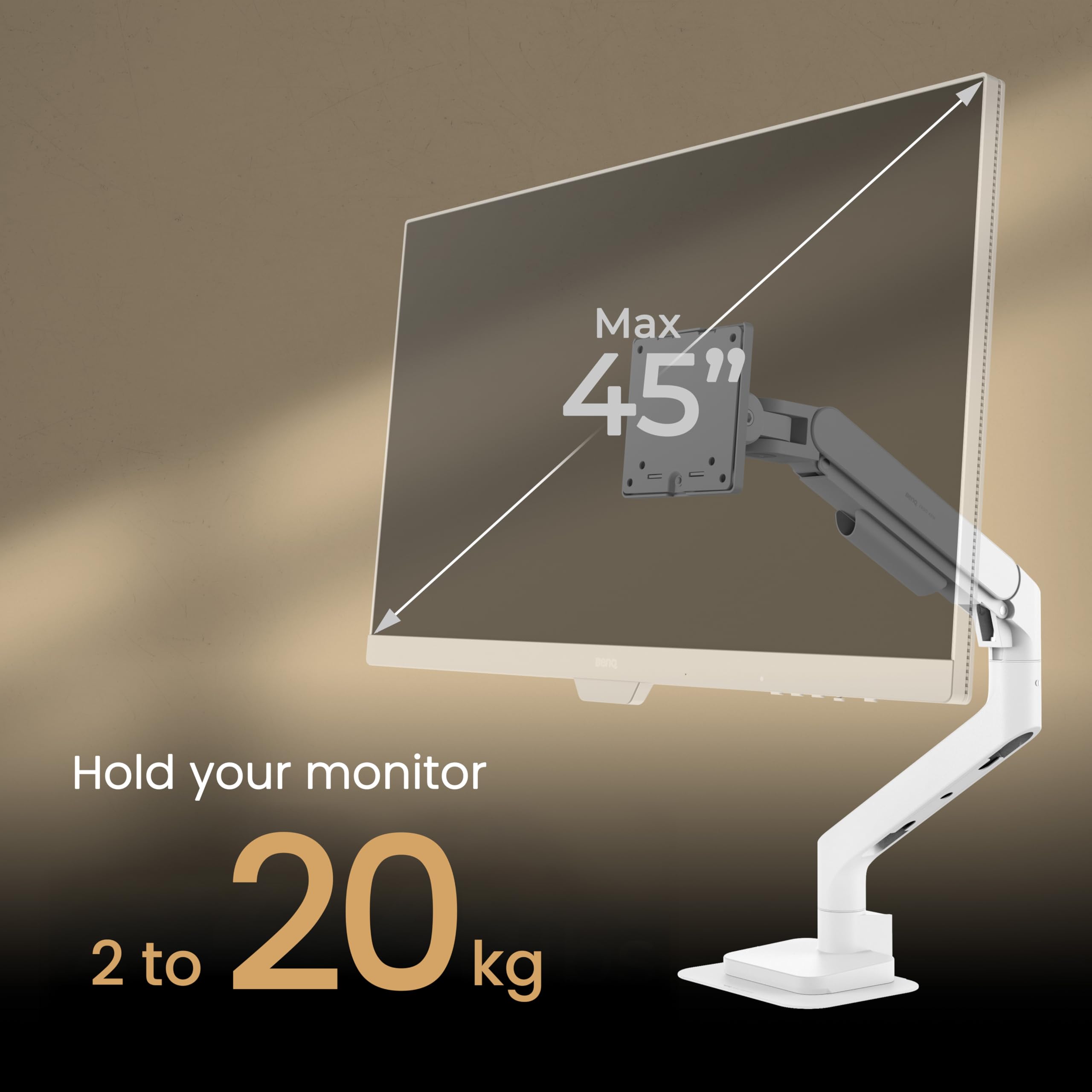 BenQ BSH02 Ergo Braccio Monitor – Supporto a Gas per Schermi fino a 45", 20 kg, Installazione Rapida, Stabile, Morsetto/Foro, Piastra Rinforzo, VESA 75x75 / 100x100