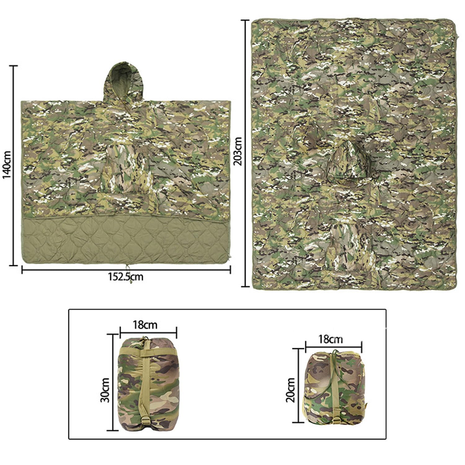 3-in-1 Schlafsack Camping wasserdichter Deckenschlafsack als Poncho Mantel Decke für Erwachsene, Warmer 3 Jahreszeiten Schlafsack, Leicht Kompakt für Camping Jagd und Outdoor Notfall