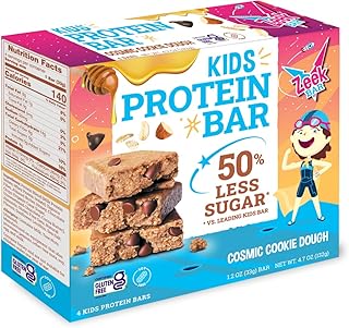 ZEEK BAR - Kids Protein Bars - 50% Less Sugar, 8g Protein - All Natural, Non-GMO, Gluten Free - Cosmic Cookie Dough, 4 Count
