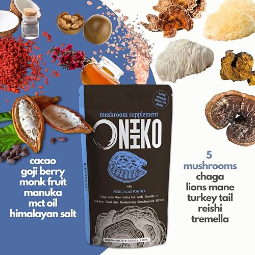 Miniatura 2 de ONIIKO Cacao de hongos prémium con 5 extractos de hongos, bayas de Goji, fruta de monje y aceite MCT para relajación, desestresar y dormir mejor,